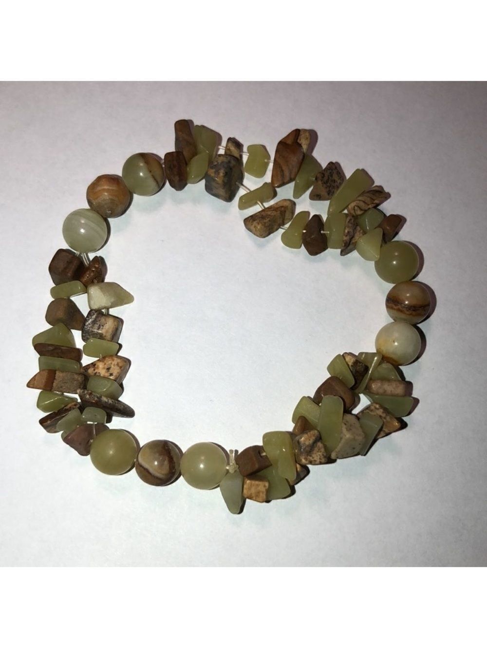 Handmade Lime Ivory Light Brown Stones and Beads Stretch Bracelet